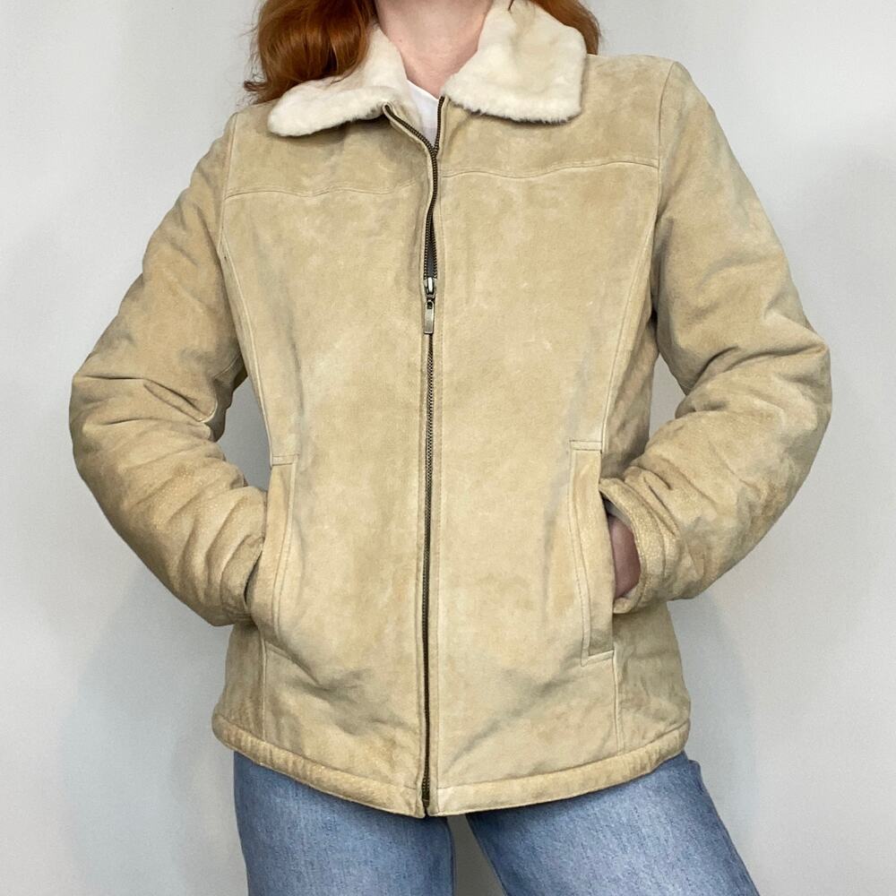 NWOT Winlit Medium Tan 100% Genuine Suede Leather Ivory Fur Lined Jacket